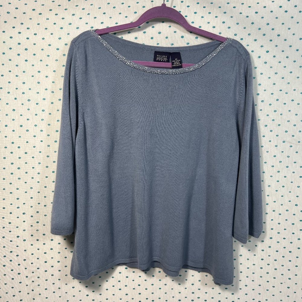Hillard & Hanson Woman Light Blue Jeweled Scoop Neck Sweater